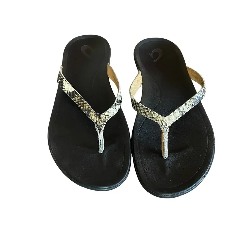 OLUKAI Ho'Opio Women's Size 8/38 Snake Print Leather Thong Flip Flop Sandals - Picture 7 of 7
